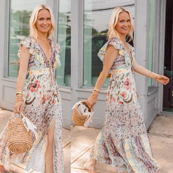 Hemant and Nandita Sakura Crinkle Chiffon Floral Printed Satin Ruffle Midi Dress - Picture 1 of 15